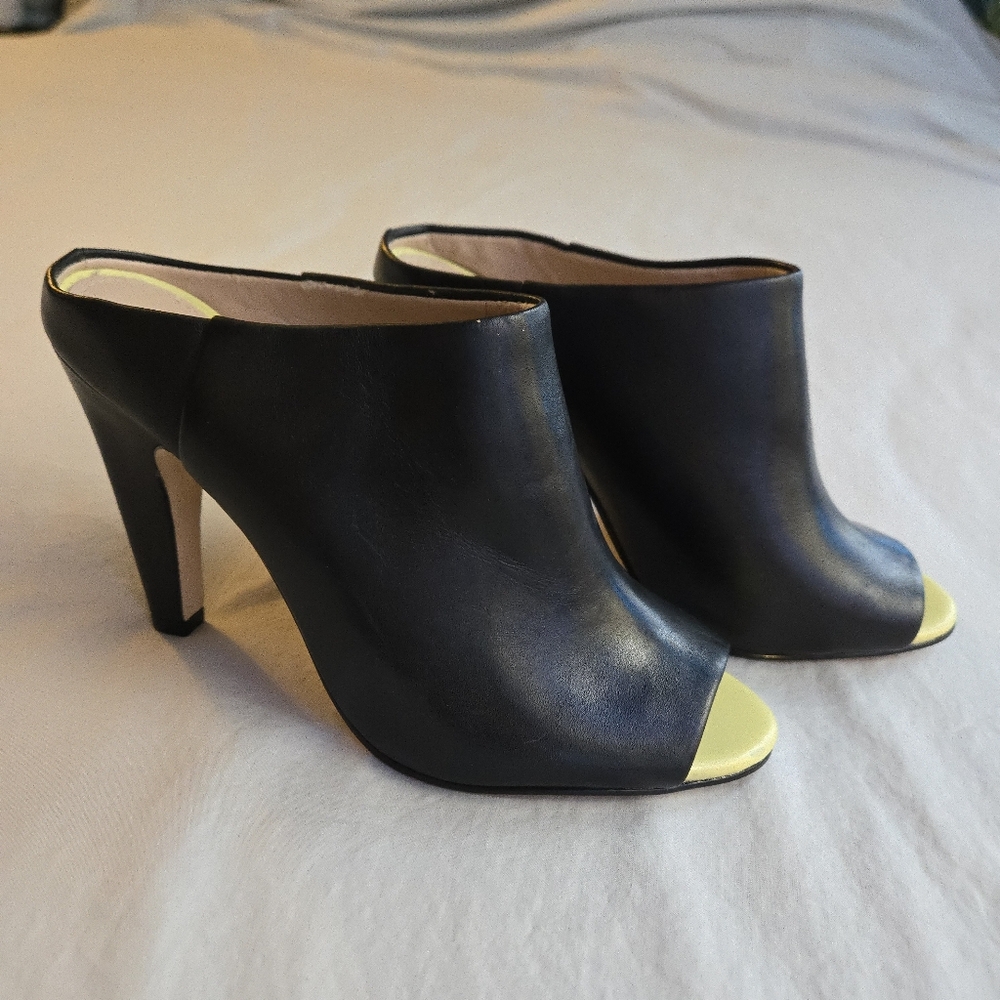French Connection Black & Yellow Leather Randy Peep Toe Mules EU 38 US 7